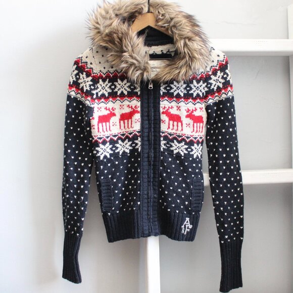 Abercrombie & Fitch VTG Y2K Blue Red Faux Fur Winter Zip-Up Knit Sweater Medium - Picture 1 of 4